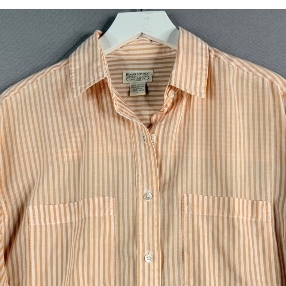 Vtg 80s Banana Republic Safari & Travel Co Button Down Top Women M Orange Stripe